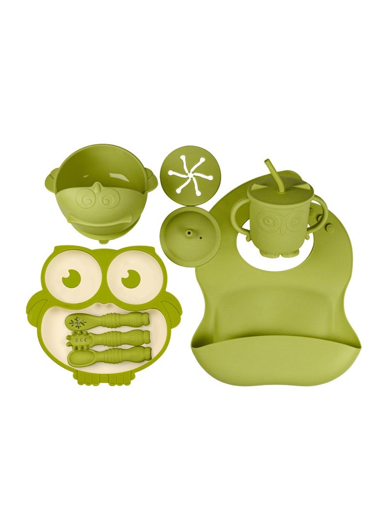 Silicone Baby Feeding Set, First Stage Baby Eating Set, Toddler Self Feeding Dish with Suction Bowl, Plate, Sippy Cup Spoons Forks and Adjustable Bib, Baby Led Weaning Supplies for 6+Months (Green)