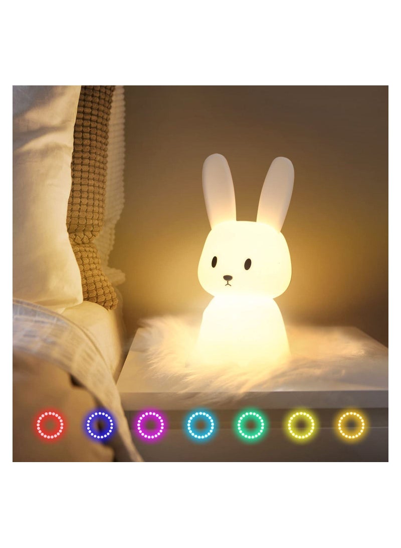 Night Light for Kids, Cute Bunny Night Light Gifts for Kids Room Nursery Baby Bedroom Toddler Teen Girls Kawaii Room Decor, Rechargeable Silicone Bunny Cute Lamp with 3 Hours Time & 7 Colors