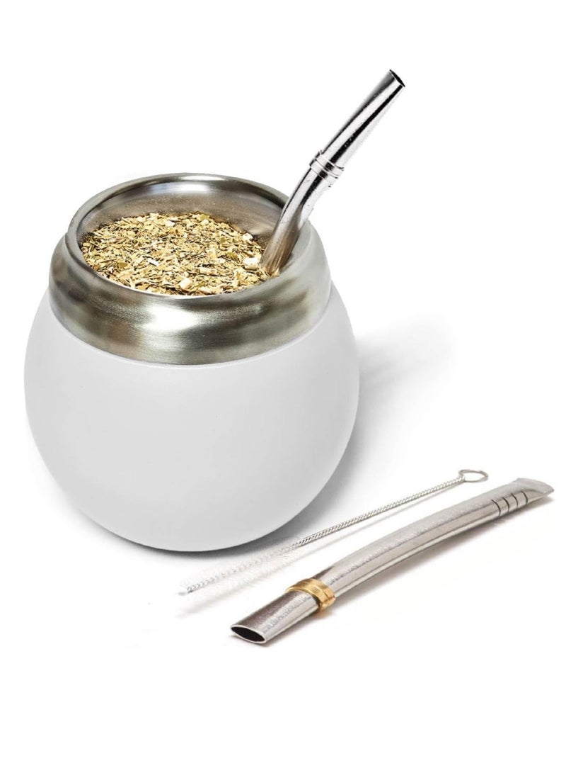 280ml White Stainless Steel Yerba Mate Cup Kit Includes Two Stainless Steel Straw