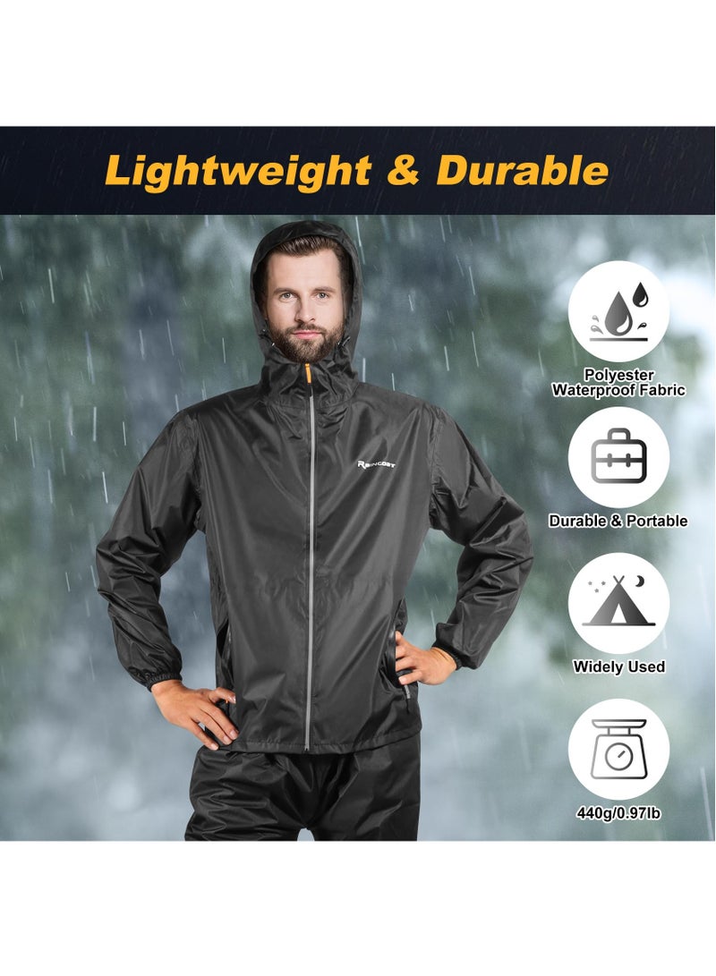 Waterproof Rainsuit, Hooded Rain Jacket Waterproof Protective Rain Coat with Trousers, Packable Raincoat Sets with Carrying Bag for Fishing Hiking Camping, Black(L-XL)