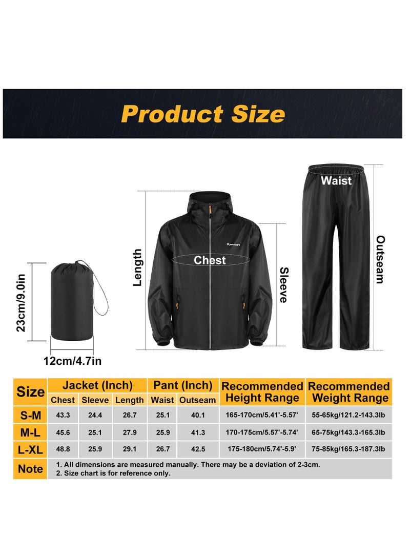 Waterproof Rainsuit, Hooded Rain Jacket Waterproof Protective Rain Coat with Trousers, Packable Raincoat Sets with Carrying Bag for Fishing Hiking Camping, Black(L-XL)