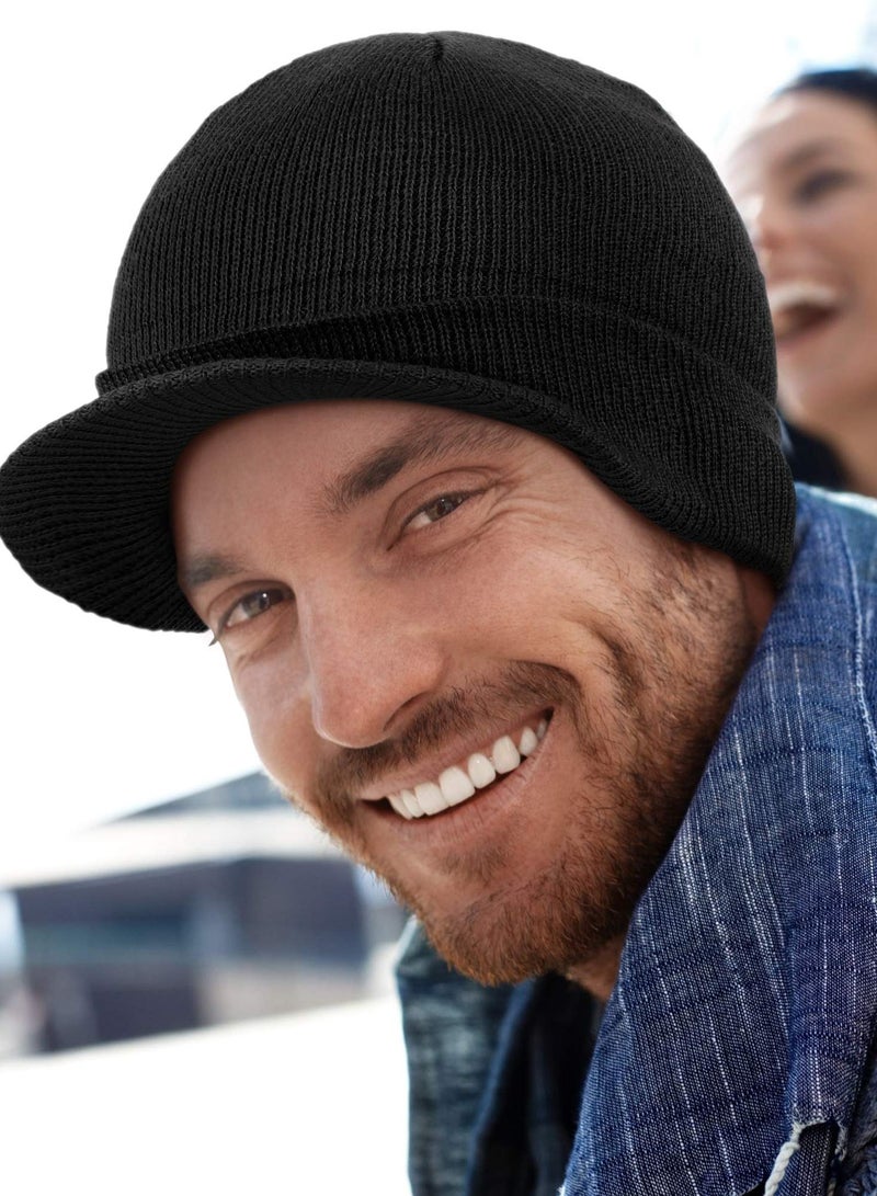 SYOSI 2Pcs Winter Men's Knit Cap with Brim Beanie Hat Warm Thick Hat, Fleece Winter cap with Visor - Men Women - Earflap Brim Skull Watch Cap Hat for Outdoor (Black & Grey, Fit Size: 8 x 21-23in)