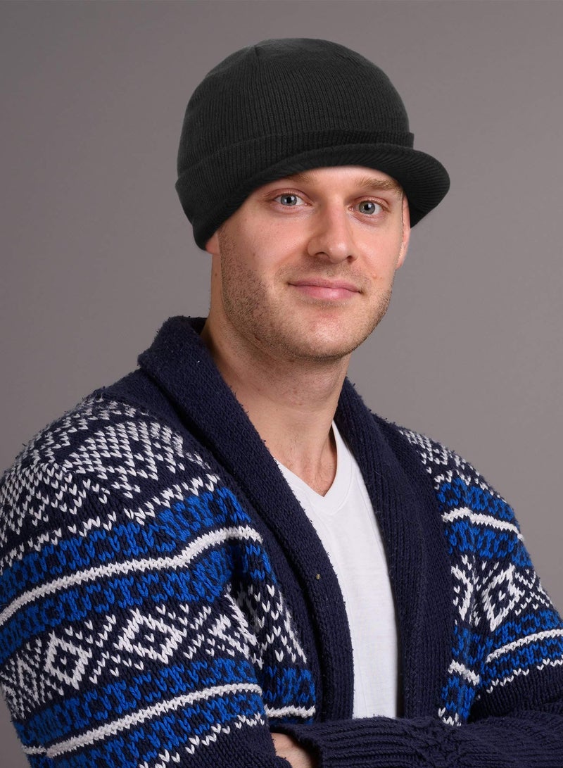 SYOSI 2Pcs Winter Men's Knit Cap with Brim Beanie Hat Warm Thick Hat, Fleece Winter cap with Visor - Men Women - Earflap Brim Skull Watch Cap Hat for Outdoor (Black & Grey, Fit Size: 8 x 21-23in)