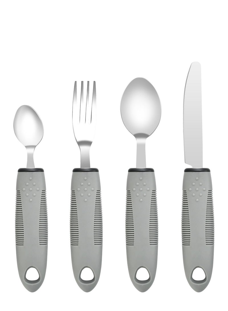 Adaptive Utensils Set, 4 Piece Wide Weighted Non-Slip Handles Disability Aids for Kids Elderly Disabled Arthritis Parkinson's Disease Tremors &Weakened Grasp (Stainless Steel Knife+ Fork+ Spoons)