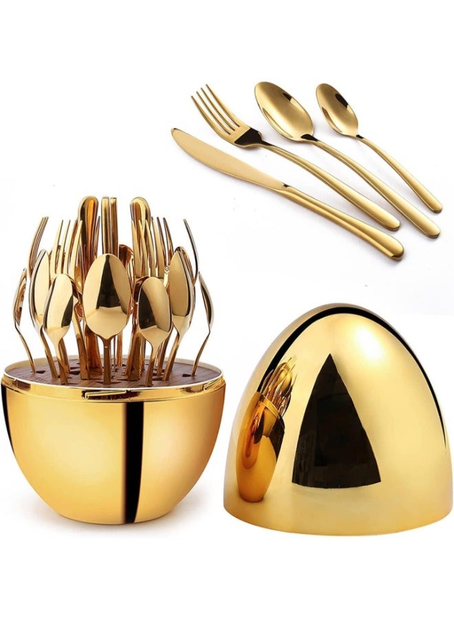 Dinner Set Spoon Set Knife Fork Spoon Set Cutlery Set Spoon Holder 24-Piece Silverware Set for 6, Gold Plated Stainless Steel Espresso Spoons/Fork