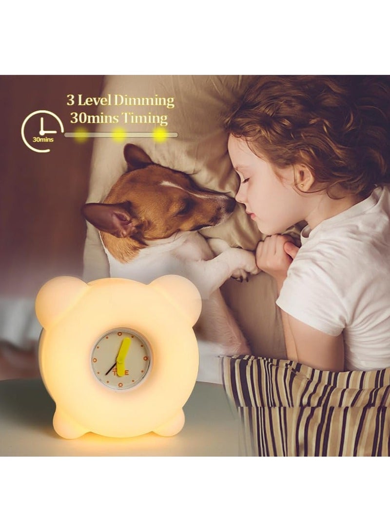 Children's Night Light with Mini Alarm Clock, with Tap Control and Timer, Rechargeable LED Beside Night Light, Dimmable Cute Night Lamp Gift for Girls Boys Baby