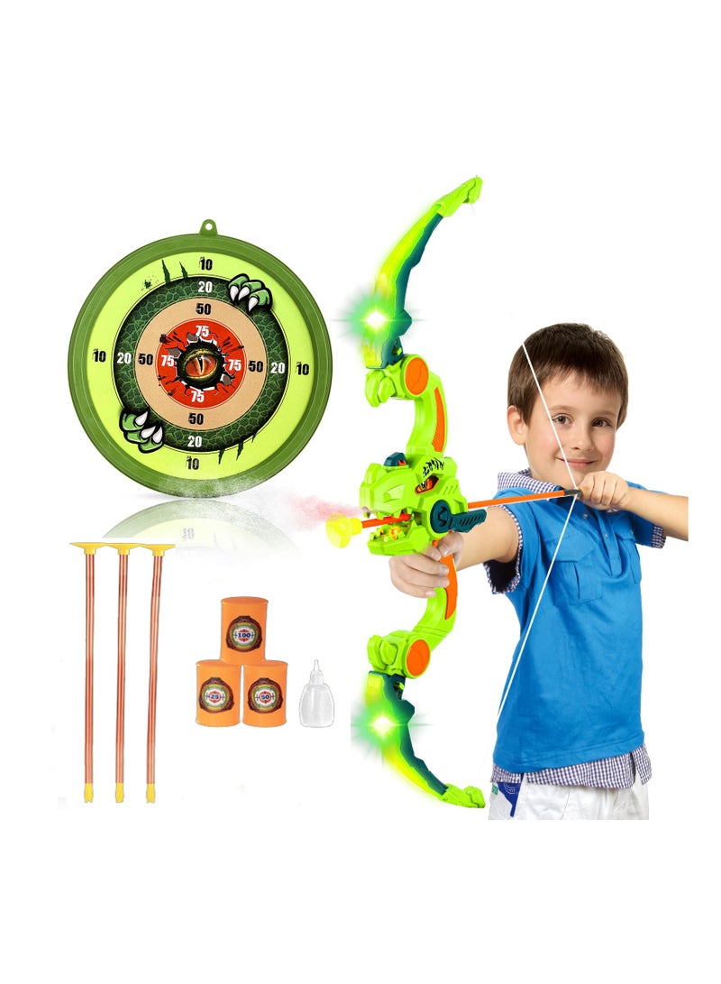 Kids Bow and Arrow Toy Set, Dinosaur Bow and Arrow with LED Lights & Spray, Comes with 3 Suction Cup Arrows & Hanging Target, Indoor Outdoor Kids Toys for Boys Girls Ages 4-12
