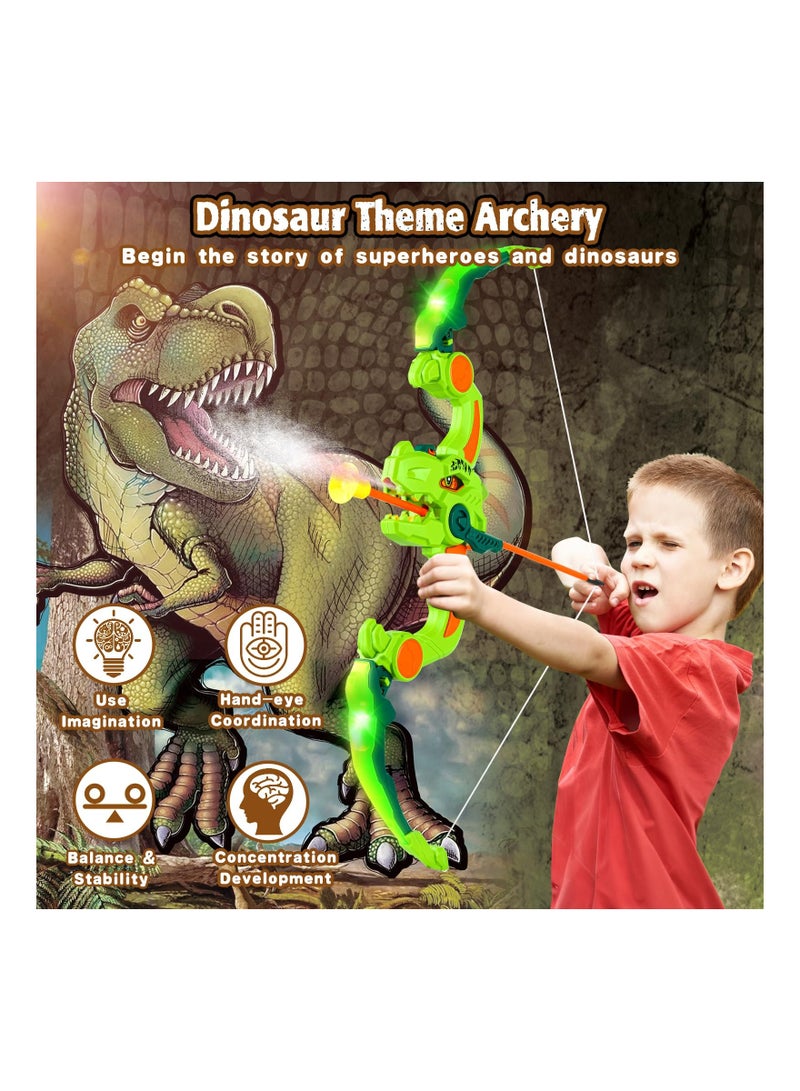 Kids Bow and Arrow Toy Set, Dinosaur Bow and Arrow with LED Lights & Spray, Comes with 3 Suction Cup Arrows & Hanging Target, Indoor Outdoor Kids Toys for Boys Girls Ages 4-12