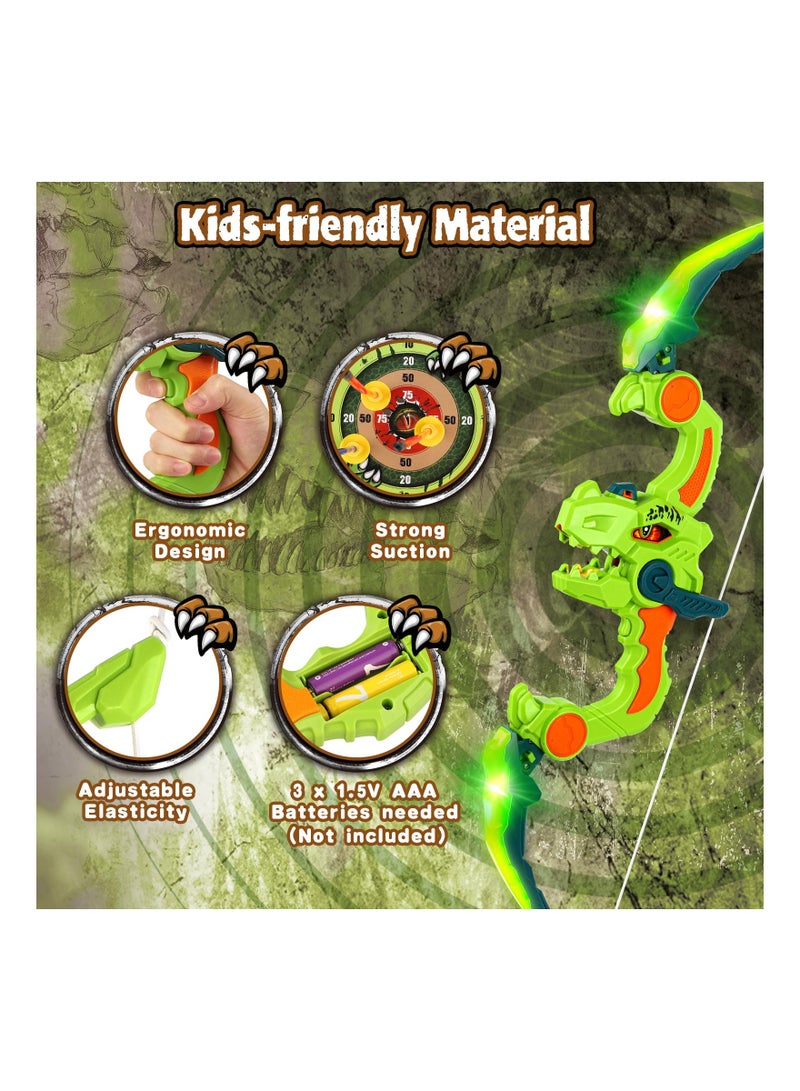 Kids Bow and Arrow Toy Set, Dinosaur Bow and Arrow with LED Lights & Spray, Comes with 3 Suction Cup Arrows & Hanging Target, Indoor Outdoor Kids Toys for Boys Girls Ages 4-12