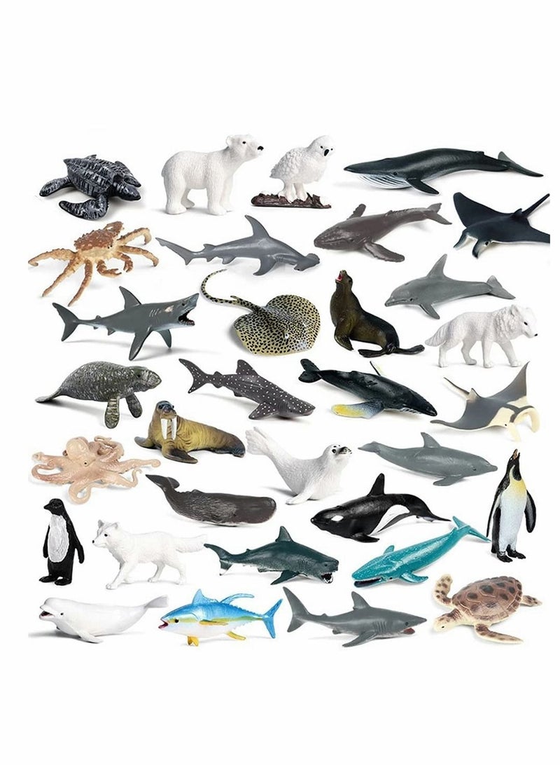 Mini Sea Animal Figures Toy, Plastic Small Ocean Animal Figurine Set with Sharks Whales Arctic Animal etc, Realistic Marine Miniature Playset for School Project, Collection Gift 32PCS