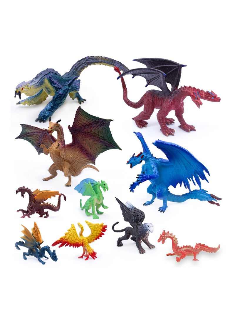 10 Pack Dragon Figures Solid Plastic Mini Toys in Assorted Colors and Styles Kids Mythical for Cake Toppers Party Favors