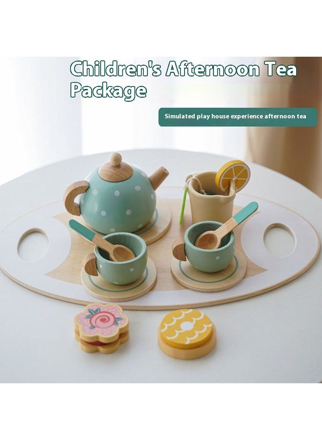 Children Wooden Afternoon Tea Set Toy 15Pieces Baby Birthday Gifts Kitchen Playsets