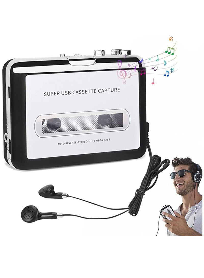 Portable Cassette Player/Cassette to MP3 Converter Capture Cassette Tape to MP3/CD Audio via USB –Converter Retro with Earphones, Compatible with Cell Phone Charger | USB Cable & User Manual Included