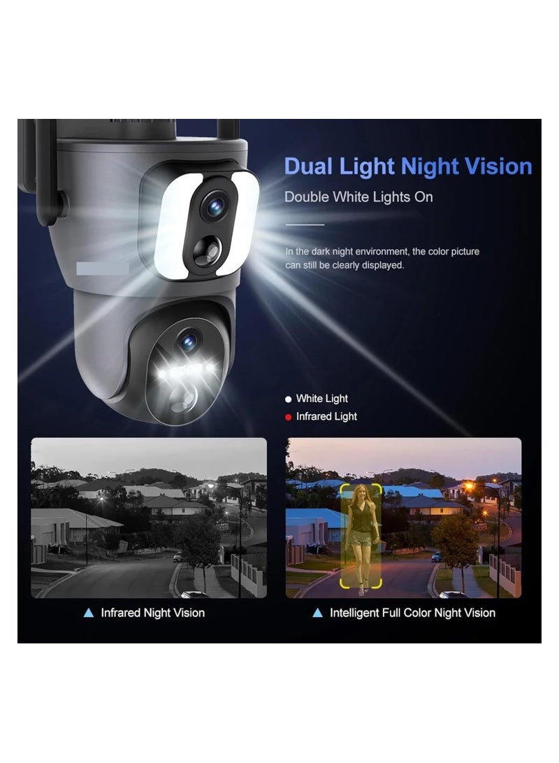 Solar Security Camera, WiFi Dual Lens Linkage Solar Security Camera Wireless Outdoor, 4MP HD Dual Screen Link 360° View Camera, Color Night Vision, Two-Way Audio, IP65 Waterproof, 6W Solar Panel