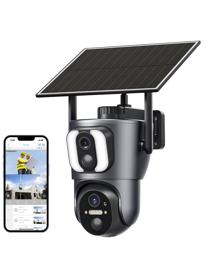 Solar Security Camera, WiFi Dual Lens Linkage Solar Security Camera Wireless Outdoor, 4MP HD Dual Screen Link 360° View Camera, Color Night Vision, Two-Way Audio, IP65 Waterproof, 6W Solar Panel
