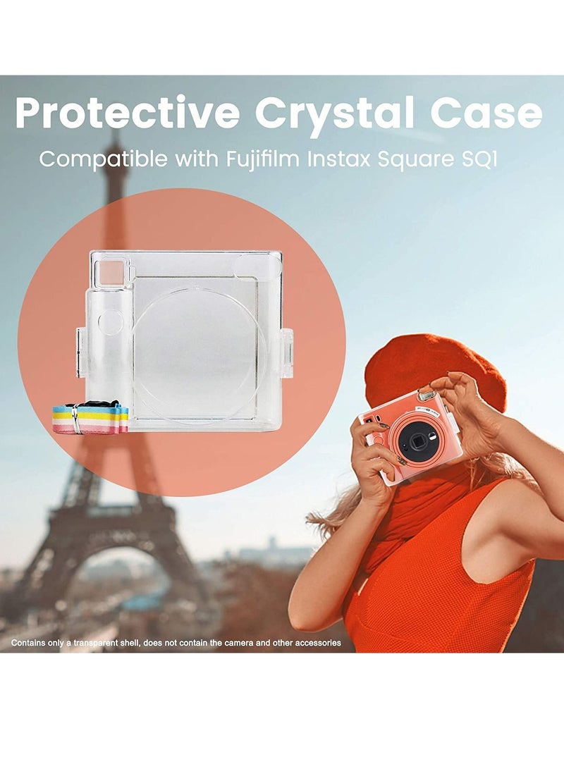 Protective Clear Case for Fujifilm Instax Square SQ1 Instant Film Camera Crystal Hard PC Cover with Removable Rainbow Shoulder Strap (Transparent)