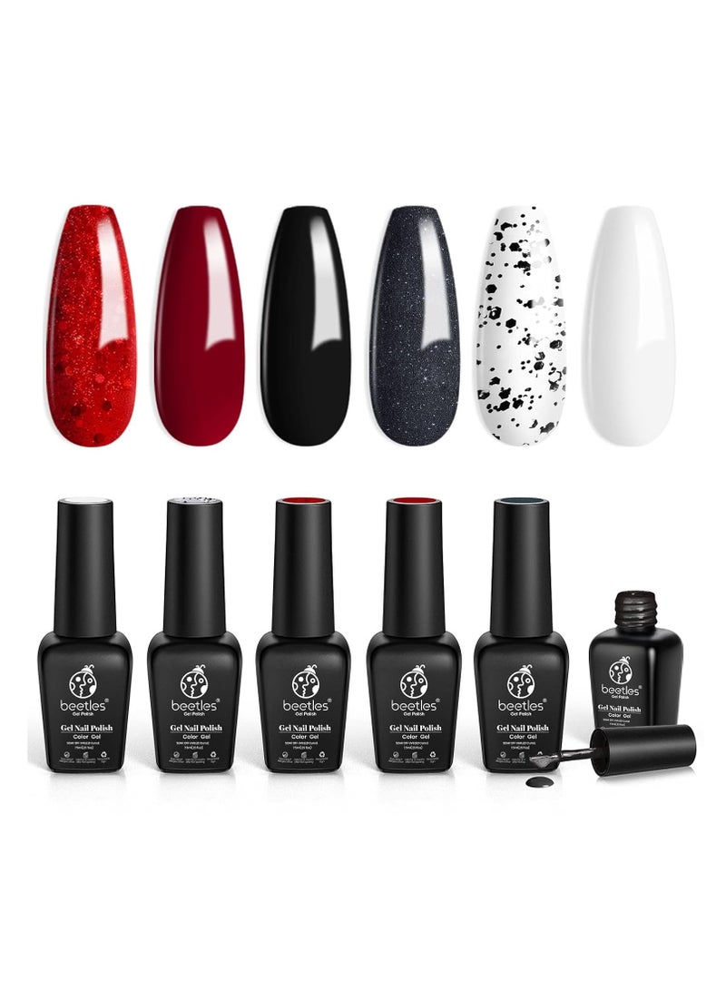 Beetles Gel Nail Polish, 6pcs Black White Red Gel Polish Colors Coolest Looks Collection Soak-off Nail Polish Red-Black Glitters Gel Polish Set Best Gift for Women