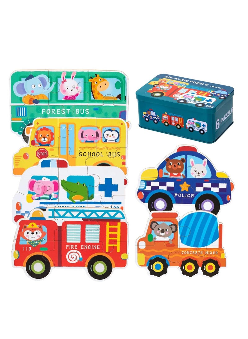 6 Packs Vehicle Jigsaw Puzzle Toy Varying Degree of Difficulty Educational Learning Tool with Storage Box Traveling Games Gift for 3 Year Old Girls Boys Toddler Children