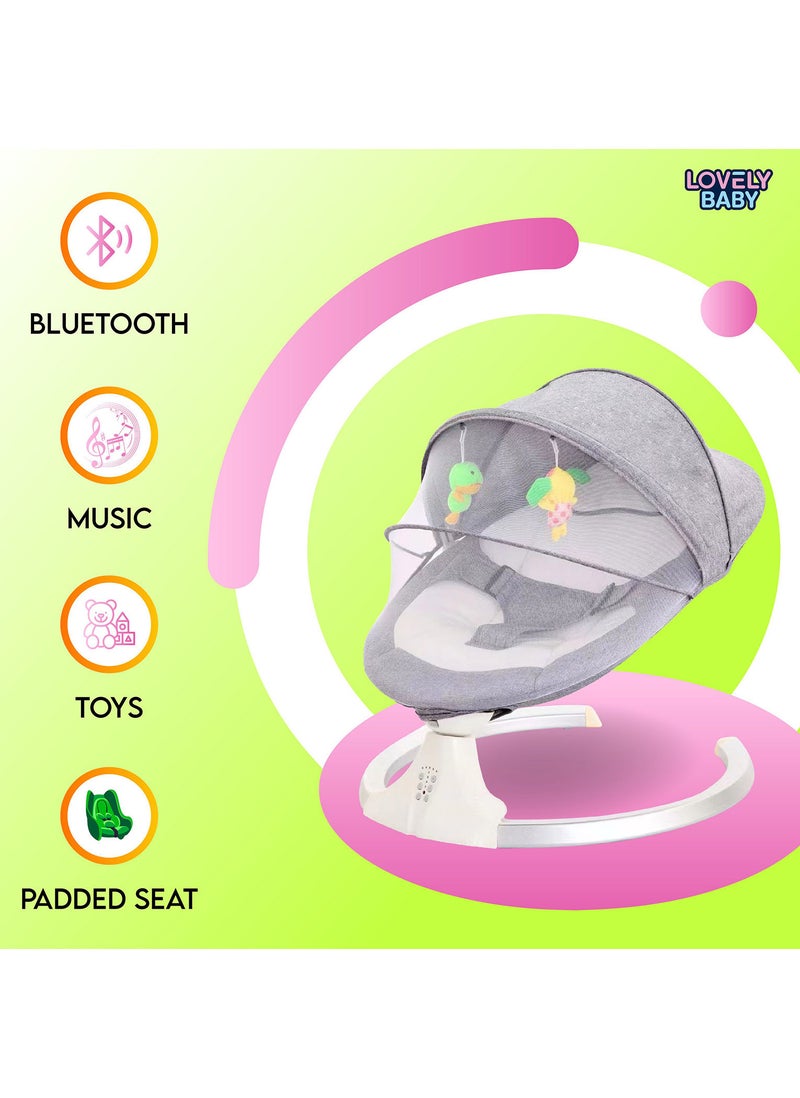 Lovely Baby Kids Rocker LB 88605 with Swing Function - Hanging Toys - Music - Canopy - & Remote - Safe Swing Seat for Newborns - Rocking Chair for Small Infant 6-18 months - Grey