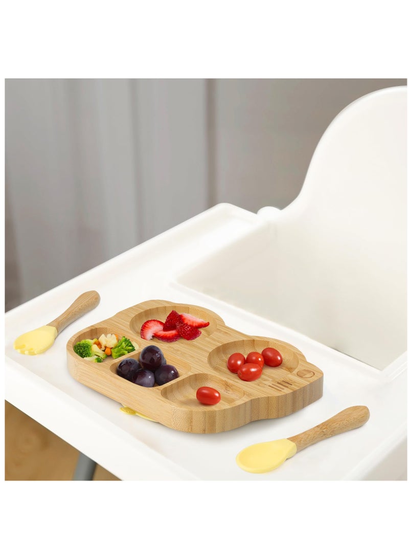 Toddler Bamboo Plate with Suction, Toddler Plate Set with Spoon Fork, Car Shaped Design Divided Plate, BPA FREE, Yellow