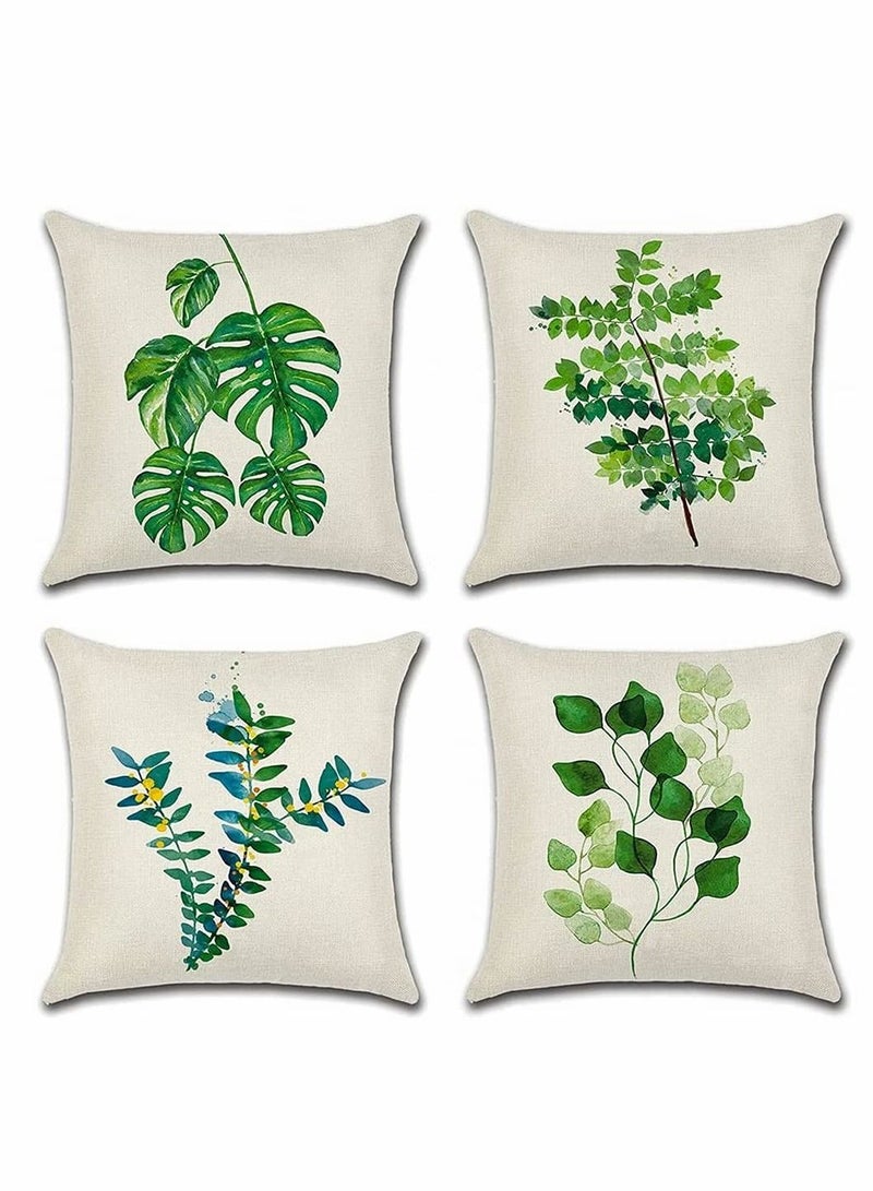 Tropical Plant Theme Pillowcase, 18 x 18 Inches, Green Leaves Pattern Waterproof Cushion Covers, Perfect to Outdoor Patio Garden Living Room Sofa Farmhouse Decor (Set of 4)