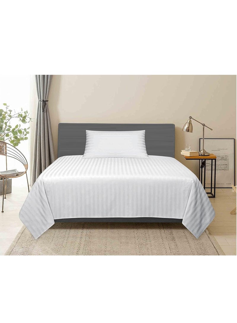 2 Piece Luxurious White Striped Bedsheet Set,1 Flat Single BedSheet(147x254cm) and 1 Pillowcases (48x74cm)Soft,Breathable and Comfort Microfiber Suitable for All Seasons.