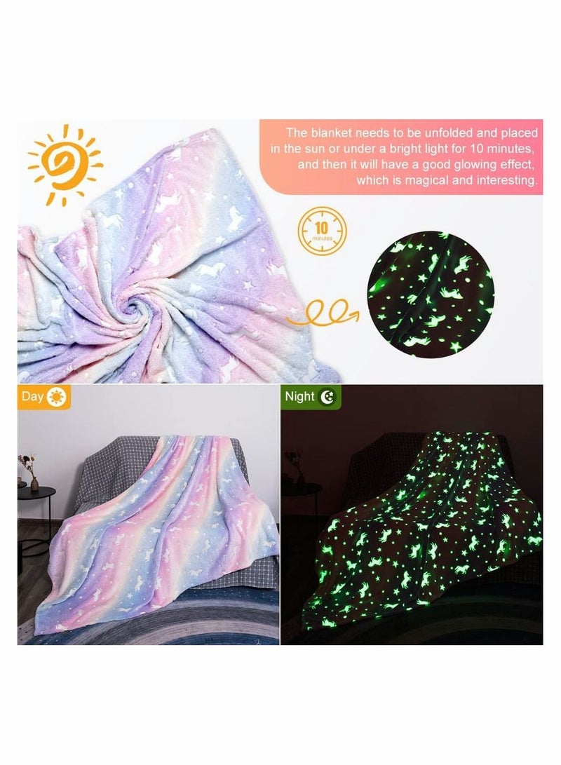 Glow in The Dark Throw Blanket Super Soft Flannel Fleece Blanket 100 x 150cm Warm Cozy Furry Blanket for Kids Decorated with Stars and Horse Holiday Birthday Gift for Kids Girls Boys Teens