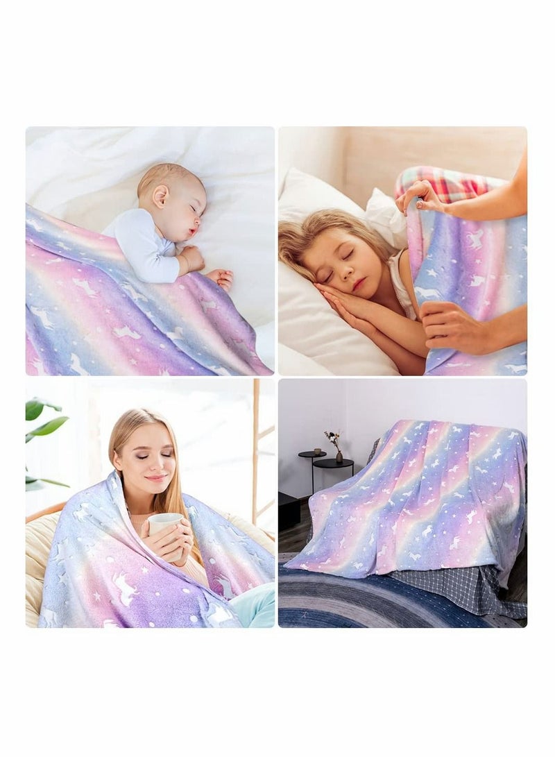 Glow in The Dark Throw Blanket Super Soft Flannel Fleece Blanket 100 x 150cm Warm Cozy Furry Blanket for Kids Decorated with Stars and Horse Holiday Birthday Gift for Kids Girls Boys Teens