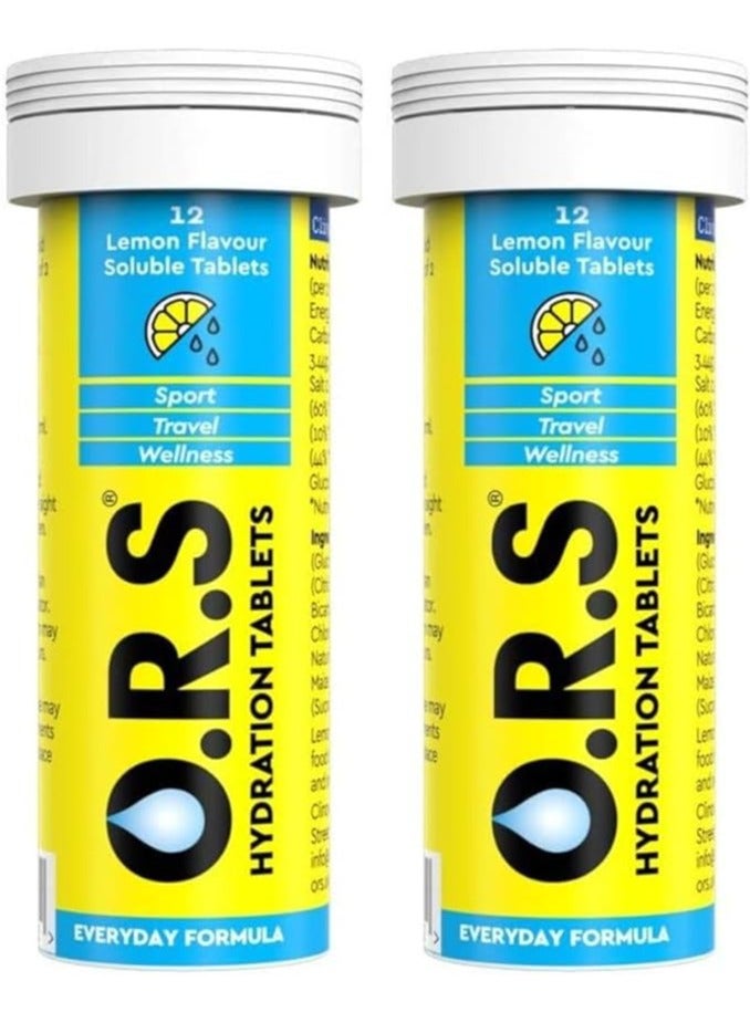 O.R.S Hydration Tablets with Electrolytes, Vegan, Gluten and Lactose Free Formula – Soluble Hydration Tablets with Natural Lemon Flavour, 24 Tablets (Pack of 2 x12)