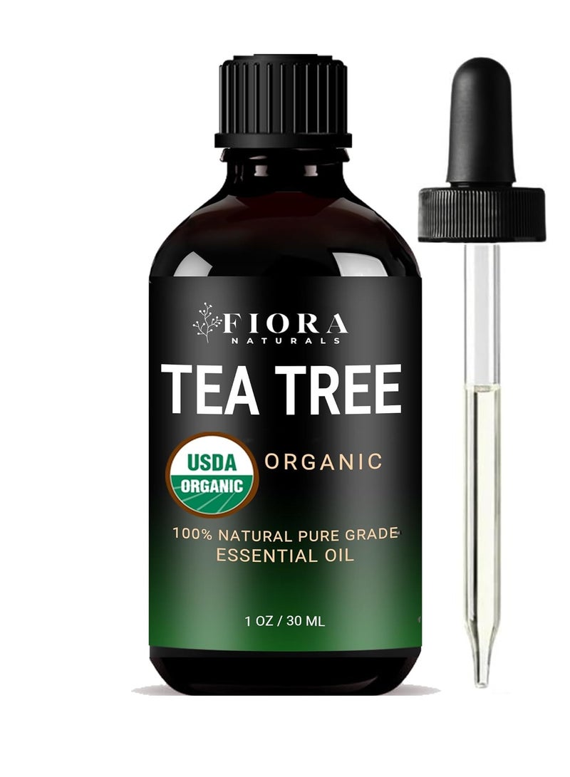 Tea Tree Essential Oil by Fiora Naturals- 100% Pure Organic Oil, for Face, Hair, Skin, Acne, Scalp, Foot and Toenails. Melaleuca Alternifolia, 1 oz /30ml
