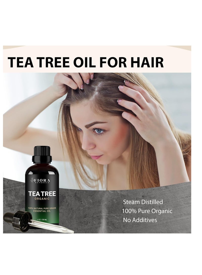 Tea Tree Essential Oil by Fiora Naturals- 100% Pure Organic Oil, for Face, Hair, Skin, Acne, Scalp, Foot and Toenails. Melaleuca Alternifolia, 1 oz /30ml