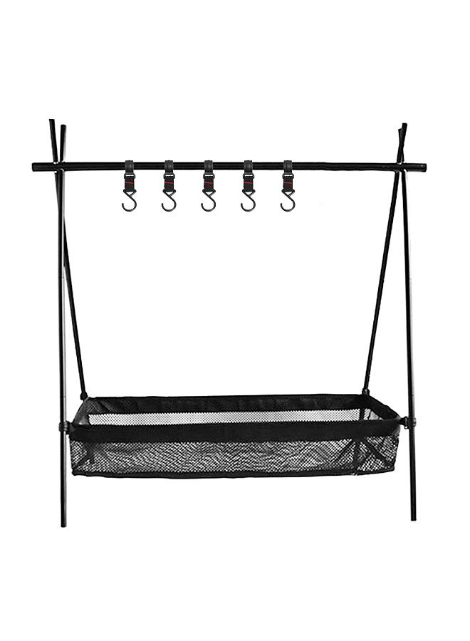 Outdoor Cookware Hanging Rack with Under Net Bag Hanging Organizer Stand Support Bracket 8kg Bearing Weight Foldable Portable Campsite Storage Rack with Hooks & Mesh Basket