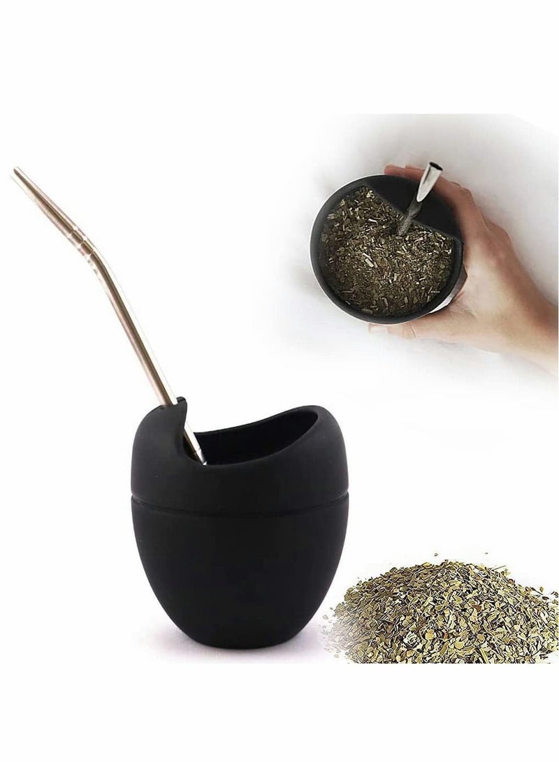 Reusable Silicone Cups 180 Ml Black Silicone Mate Gourd Cup Mug Gourd Set With Stainless Steel Straw Filter To Drink Tea And Yerba Mate Drinking Easy To Clean