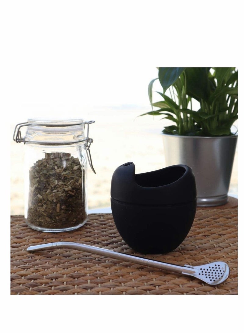 Reusable Silicone Cups 180 Ml Black Silicone Mate Gourd Cup Mug Gourd Set With Stainless Steel Straw Filter To Drink Tea And Yerba Mate Drinking Easy To Clean