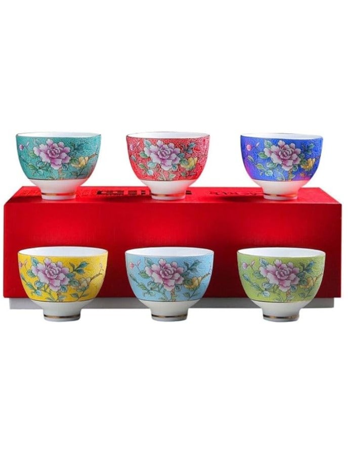 Cottage Rose Ceramic Chinese Tea Set, Sake Cup Set 6pcs Ceramic Tea Set, Chinese Kungfu Drinkware 80ml Teacup Sake Cups with Gift Box, Multipurpose Decorative Small Tea Bowls Teaware Set