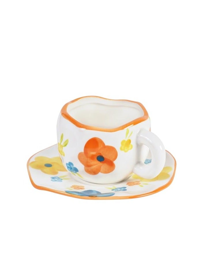 Cottage Rose Ceramic Coffee Mug with Saucer Set, Cute Creative Cup Unique Irregular Design for Office and Home, Dishwasher and Microwave Safe, 10 oz/300 ml for Latte Tea Milk (Idyllic Flowers)