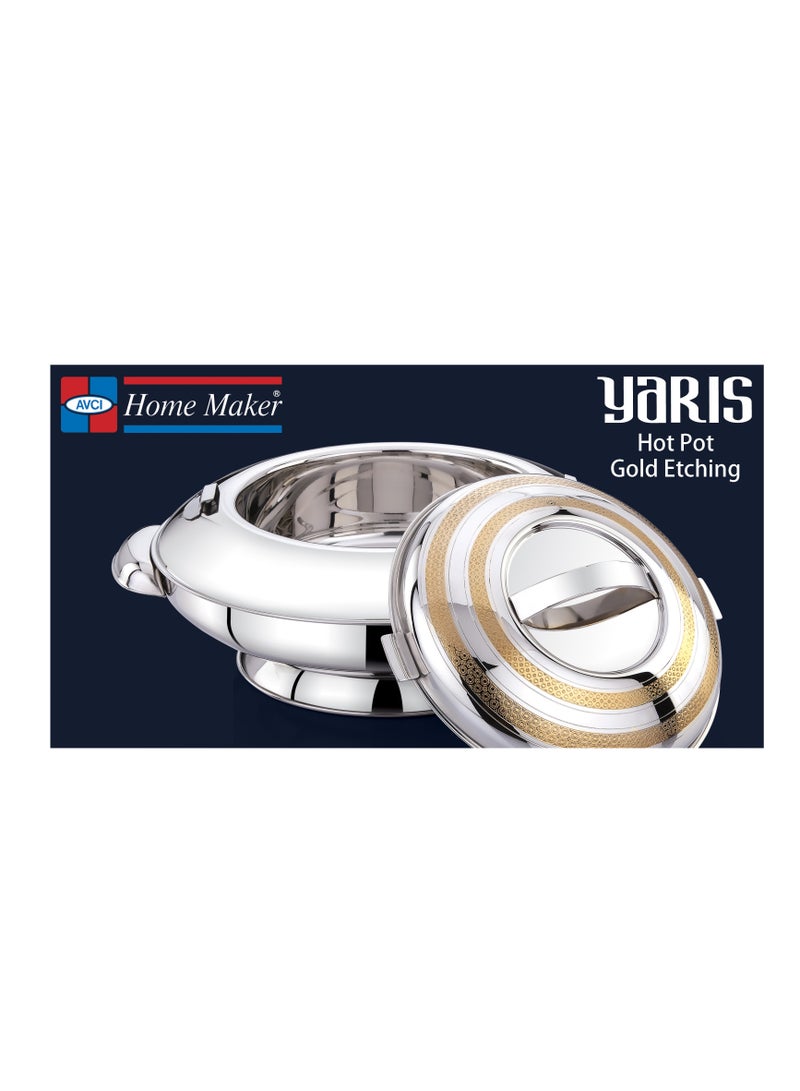 Yaris Hotpot 1500ml Capacity - Unique Locking Lid - High Quality Stainless Steel - Gold Etching & Silver
