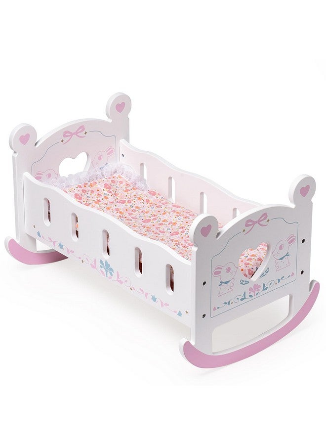 Toy Baby Doll Crib For 18 Inch Dolls Wooden Doll Cradle Bed Furniture With Pink Pad Blanket And Pillow Gift For Ages 3+