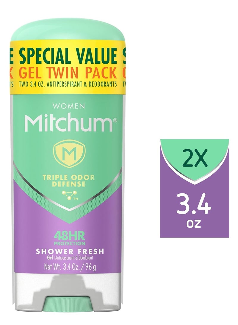 Mitchum Women's Deodorant, Antiperspirant Stick, Triple Odor Defense Gel, 48 Hr Protection, Shower Fresh, 3.4 Oz (Pack of 2)