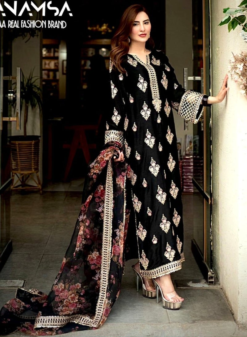 Bollywood Stylish Black Georgette Semi Stitched Eid Pakistani Dress