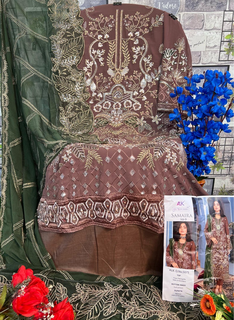Pakistani Designer Work Georgette Semi Stitched Pakistani Brown Dress