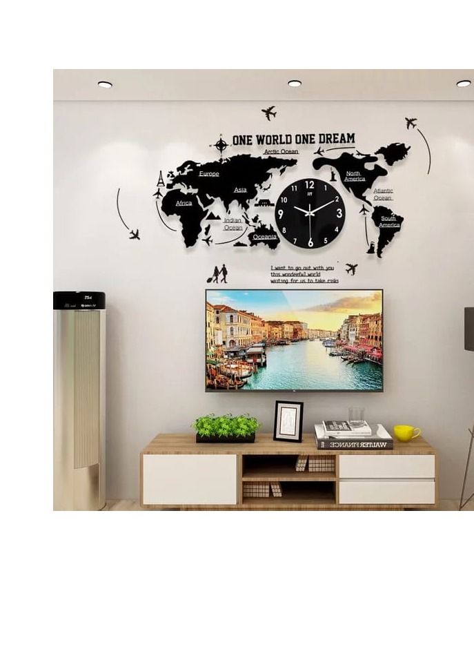 Stylish DIY 3D World Map Acrylic Modern Designed Wall Clock - Black