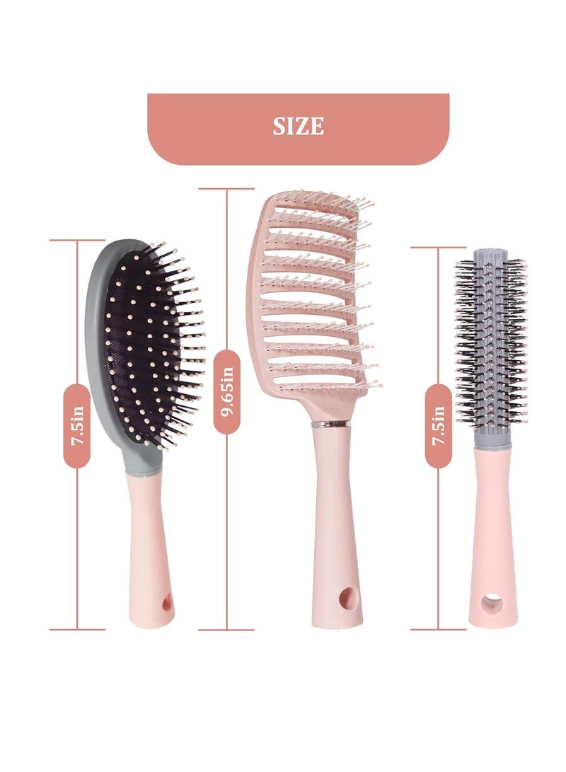 Hair Brush, 3 Pcs Wide Tooth Comb and Travel Hair brush Set Professional Curved Vented Brush for Faster Blow Drying for Women, Men, Paddle Detangling Brush for Wet Dry Curly Thick Straight Hair