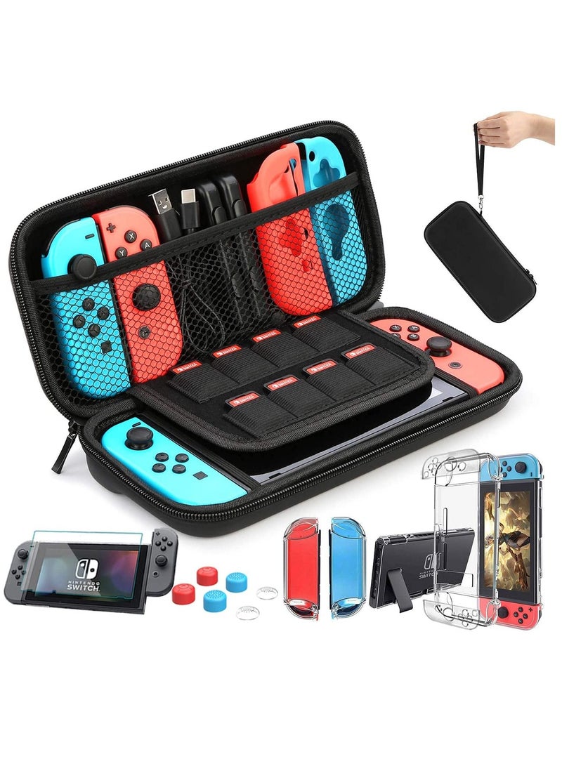 Switch Case Compatible with Fit for Nintendo Switch 9 in 1 Accessories kit with Carrying Case, Dockable Protective Case HD Screen Protector and 6pcs Thumb Grips Caps