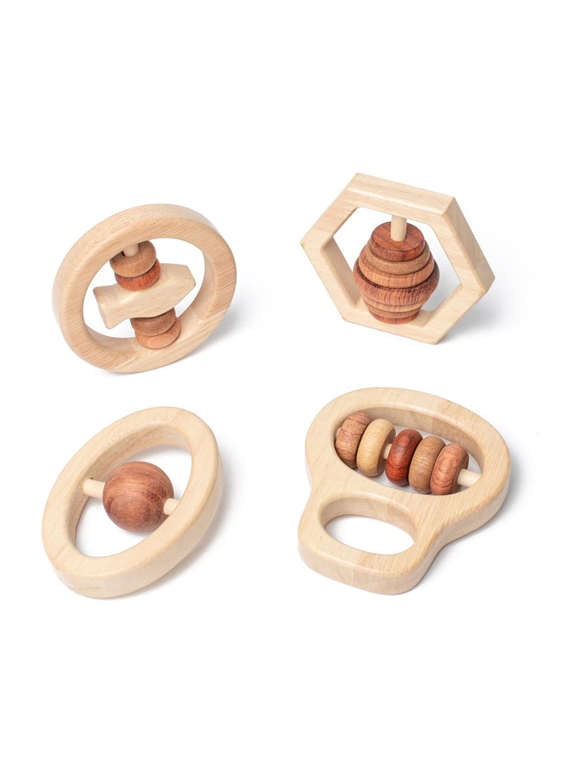 4-Piece Montessori Wooden Rattle Toy Set, Handbell Toys For Baby 0 6 12 Months Early Education Natural Wood Puzzle Color Shaker Bell Set