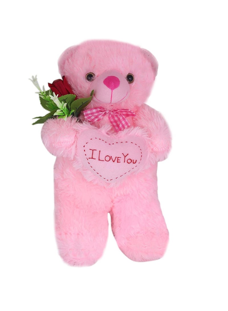 Happy Pink Standing Teddy with Rose Plush Animal Soft Toy for Kids (Size: 32 cm)