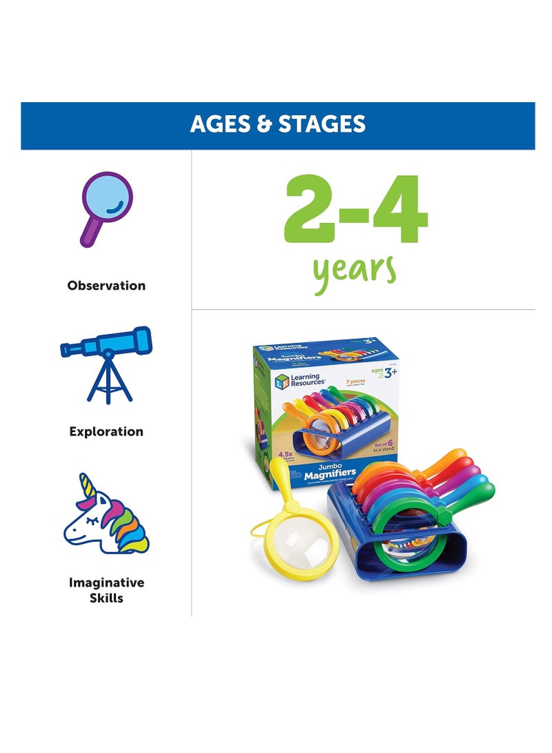 Primary Science Jumbo Magnifiers with Stand - 6 Pieces, Ages 3+, Science Classroom Accessories, Teacher Supplies, Observation Toys