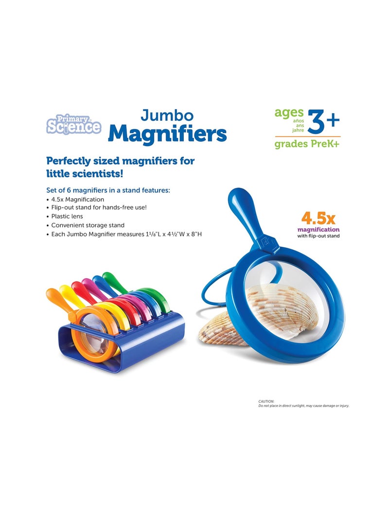 Primary Science Jumbo Magnifiers with Stand - 6 Pieces, Ages 3+, Science Classroom Accessories, Teacher Supplies, Observation Toys