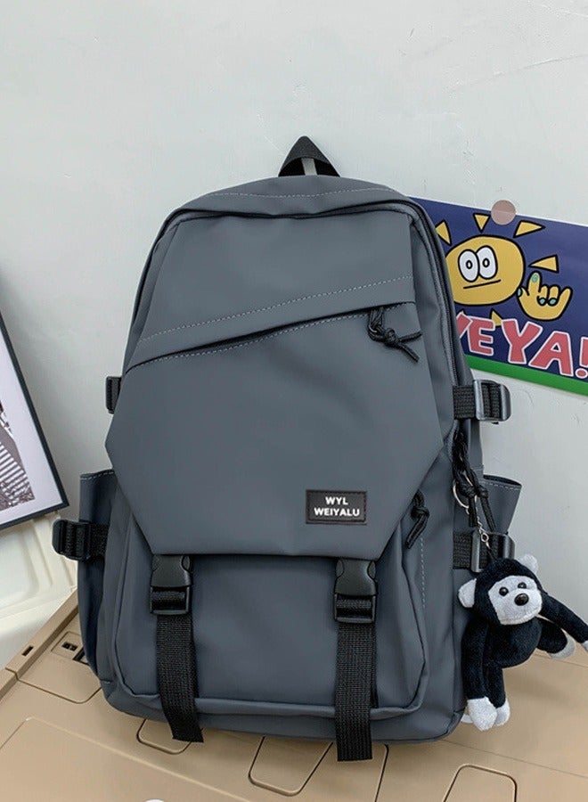 Polyester Water Resistant Flap Closure Backpack Brief Wear-resistant Bookbag With Cartoon Pendant Grey For Middle High College Students