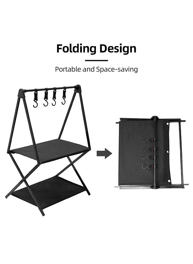 Outdoor Camping 3 Tier Rack Portable Folding Aluminum Alloy Storage Rack with 4 Hooks